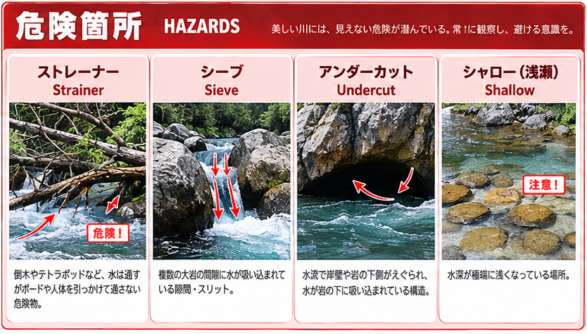 ストレーナー、シーブ、アンダーカット、浅瀬の図解